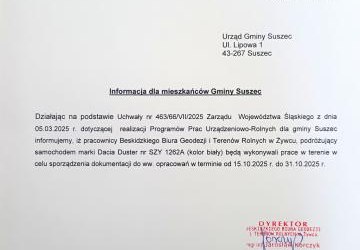 Informacja dla mieszkańców Gminy Suszec o Pracach Urządzeniowo-Rolnych